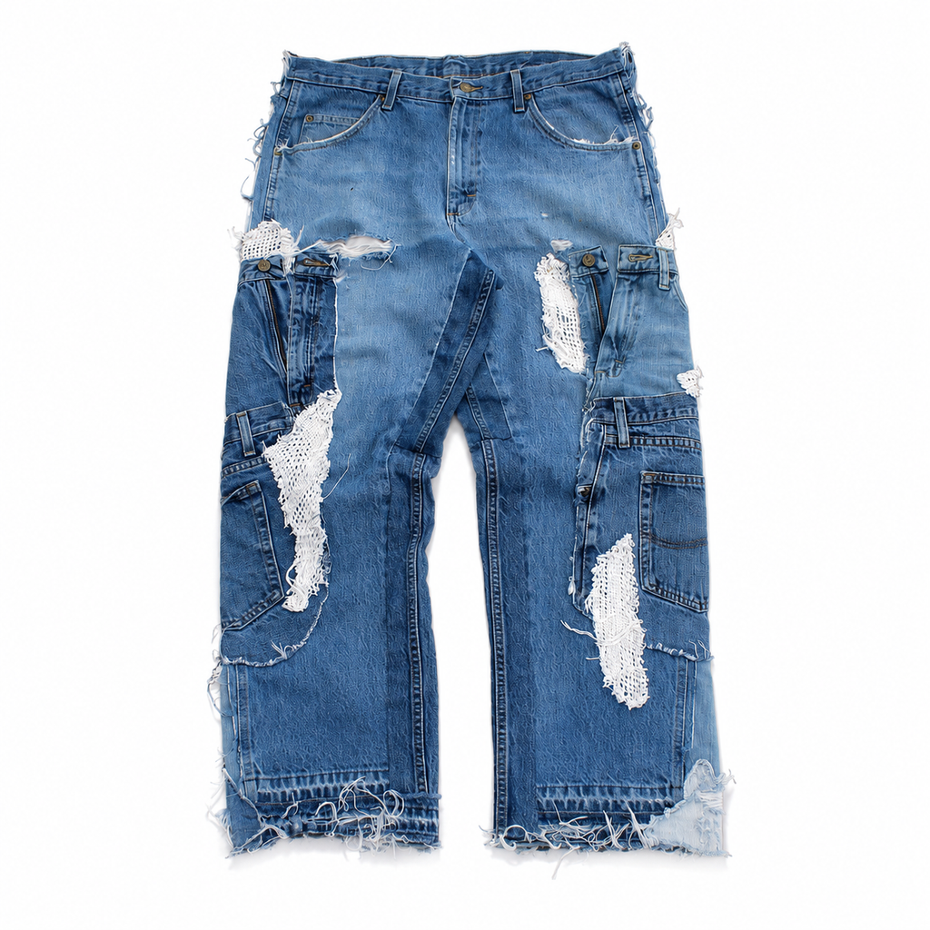 DISTRESSED PATCHWORK/CROCHET DENIM JEANS