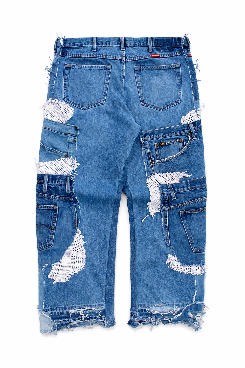 DISTRESSED PATCHWORK/CROCHET DENIM JEANS