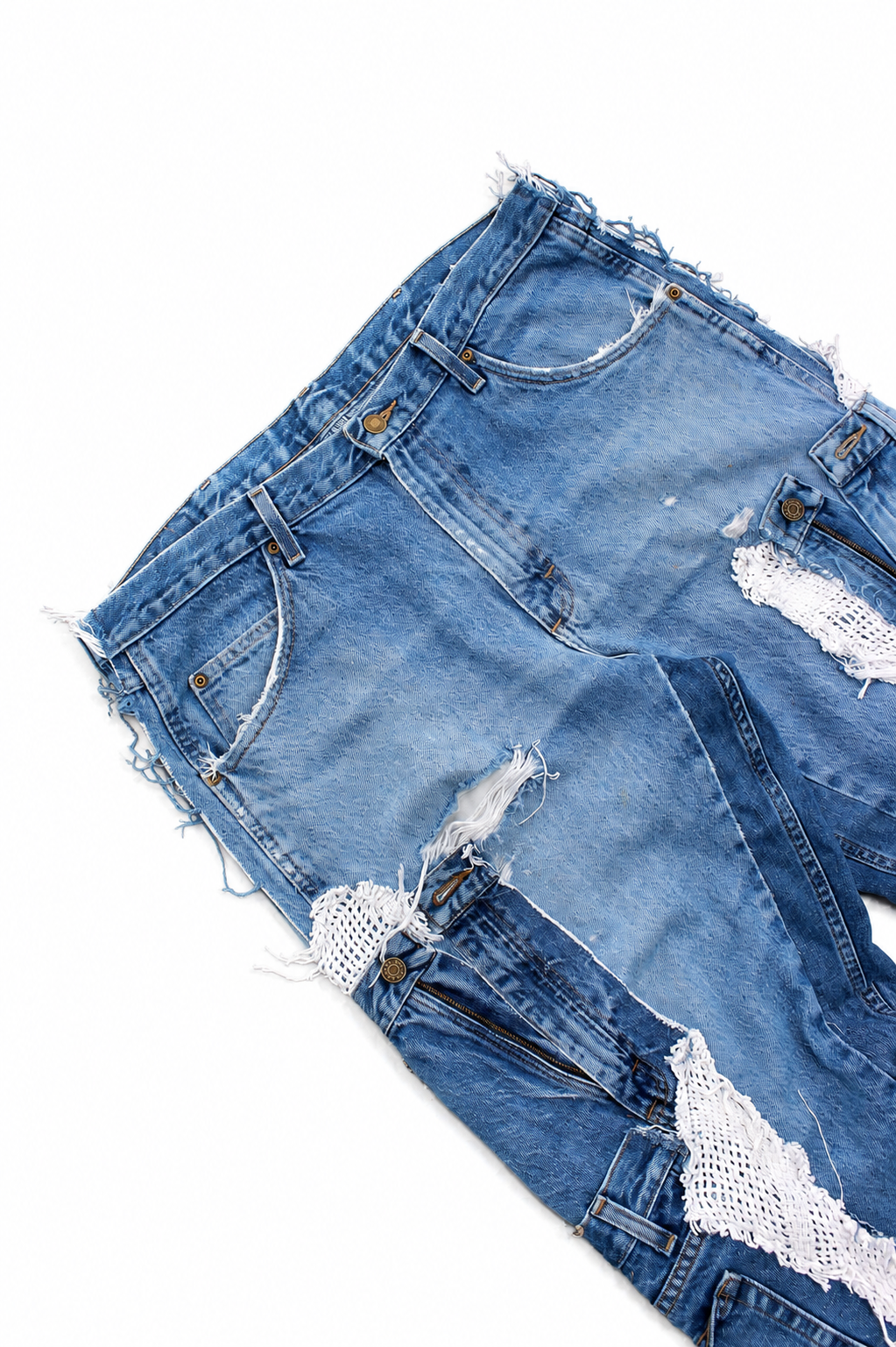 DISTRESSED PATCHWORK/CROCHET DENIM JEANS