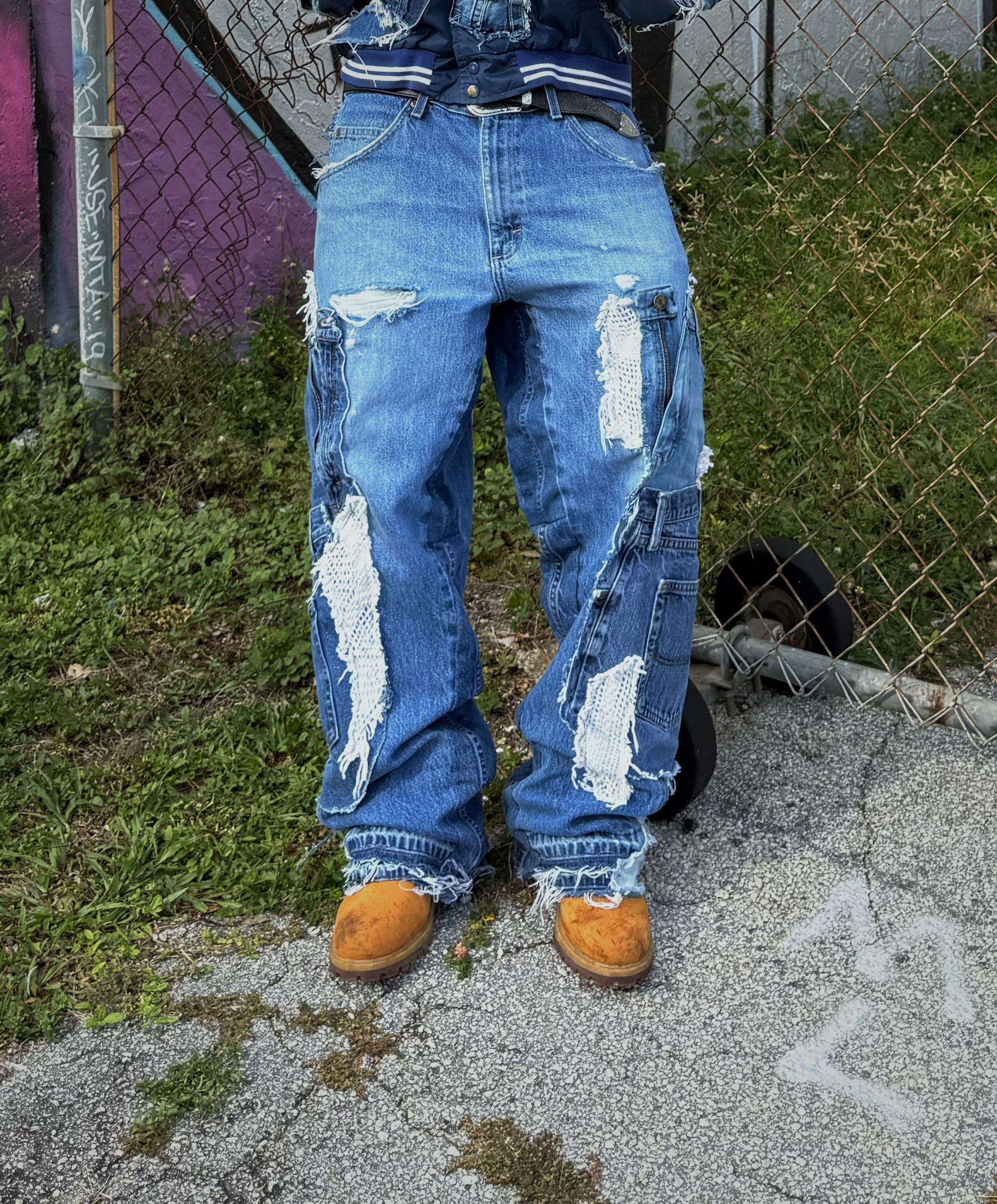 DISTRESSED PATCHWORK/CROCHET DENIM JEANS