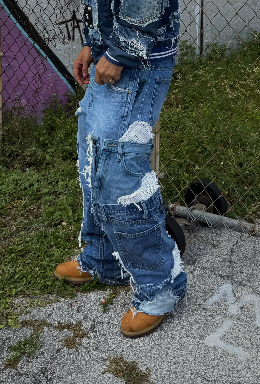 DISTRESSED PATCHWORK/CROCHET DENIM JEANS